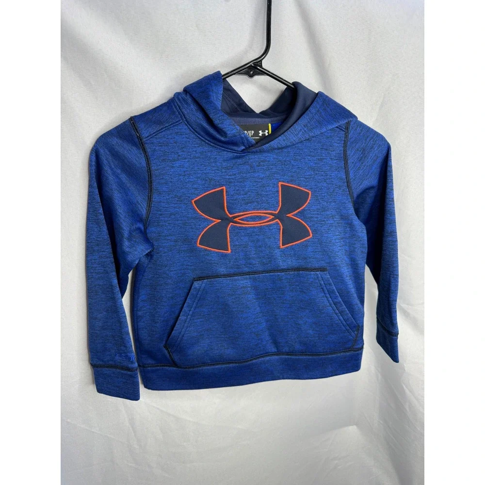 Under Armour Boys Blue Heather Orange Logo Pullover Hoodie Sweatshirt YXS